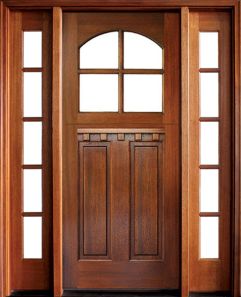 Craftsman Mahogany 2 Panel Vertical 4 Lite Arched Single Door/2Sidelite, made byDSA ,SKU:Dutch-4LT-Arched-E-03-2PV,
