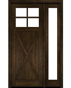 Mahogany Craftsman 4 Lite, Top View SDL Crossbuck Panel Shaker Single Door, Sidelite|CRF-CPG4-SH