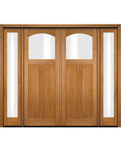 Mahogany Craftsman Arch Lite, Top View 2 Panel Shaker Double Door, Sidelites|CRF-SH-AR-FP