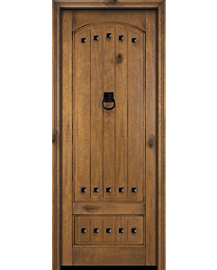 Mahogany Arch Panel, 2 Panel V-Grooved Rustic Solid Single Door|P7501-V-AR-OG