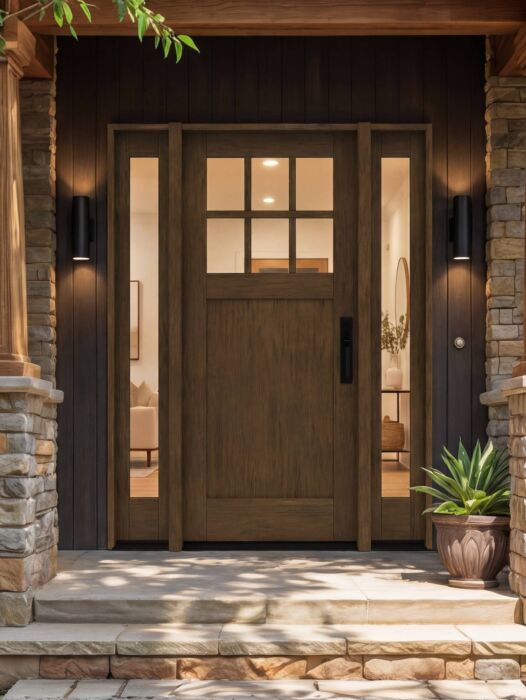 CRF-P1G6 | 80"  | Mahogany Wood SDL 6 Lite 1-3/4" Exterior Door with Two Sidelites - DIY RTA Kit