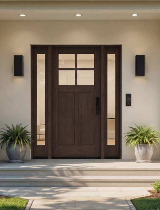 CRF-P2G4 | 80"  | Mahogany Wood SDL 4 Lite 1-3/4" Exterior Door with Two Sidelites - DIY RTA Kit