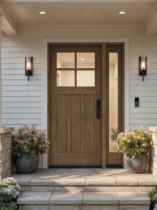 CRF-P3G4 | 80"  | Mahogany Wood SDL 4 Lite 1-3/4" Exterior Door with One Sidelite - DIY RTA Kit