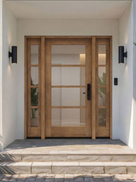 G10402 | 80"  | Mahogany Wood SDL Full Lite,4 Lite 1-3/4" Exterior Door with Two Sidelites - DIY RTA Kit