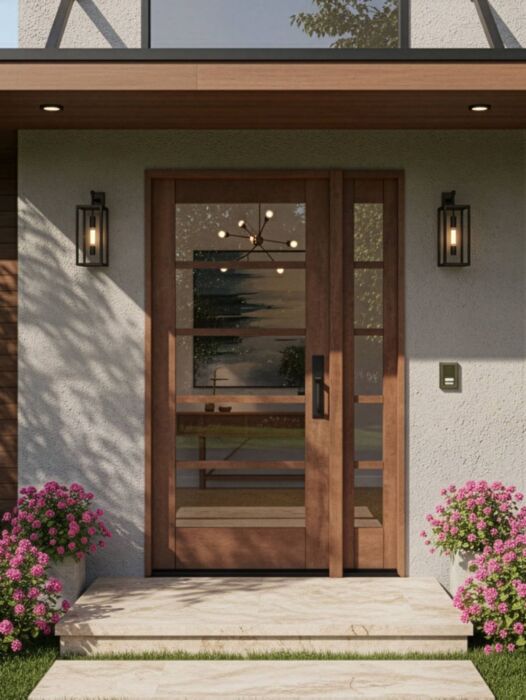 G105 | 80"  | Mahogany Wood SDL Full Lite,5 Lite 1-3/4" Exterior Door with One Sidelite - DIY RTA Kit