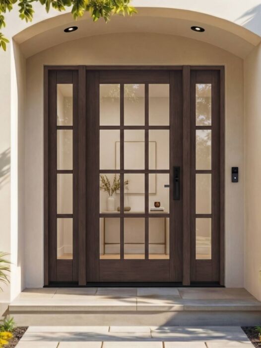 G112 | 80"  | Mahogany Wood SDL Full Lite,12 Lite 1-3/4" Exterior Door with Two Sidelites - DIY RTA Kit