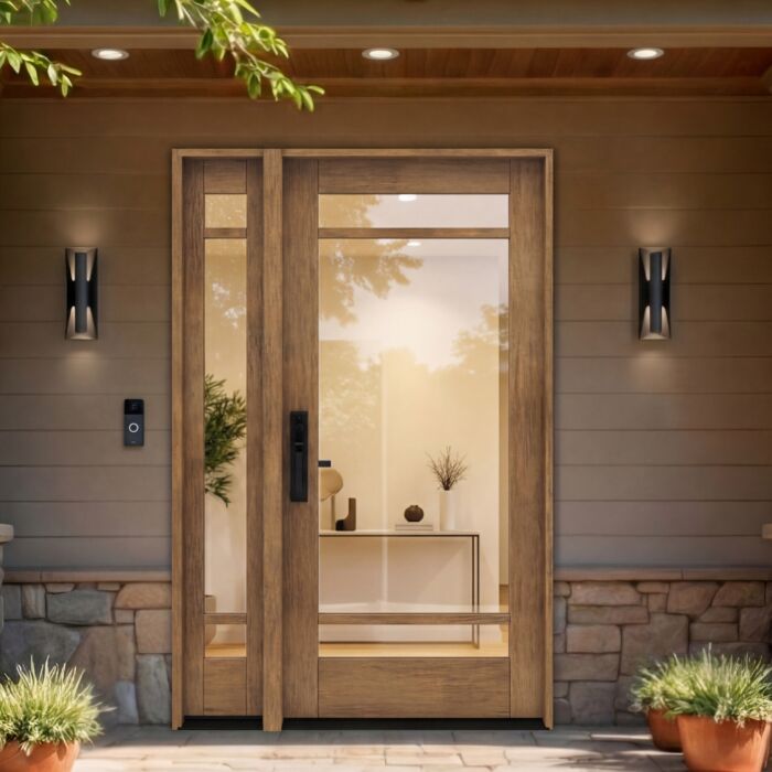 G10302 | 80"  | Mahogany Wood SDL Full Lite,3 Lite 1-3/4" Exterior Door with One Sidelite - DIY RTA Kit