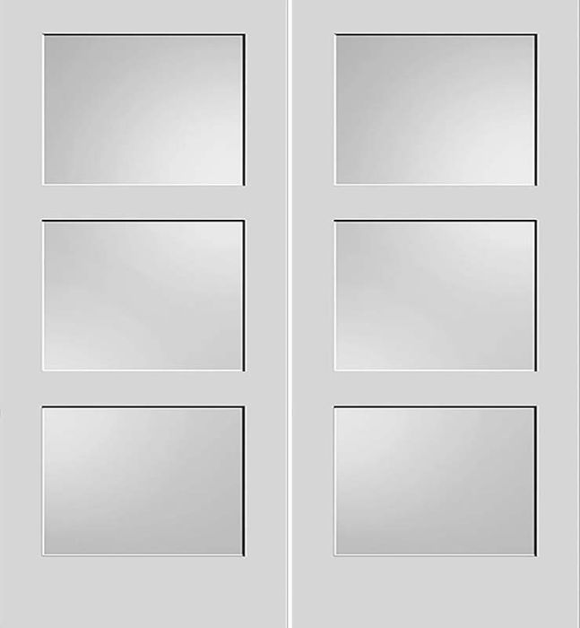 80" Primed 3 Lite Interior Double Door, Diffused White Laminate, 1-3/8 Thick, PRI8433GL