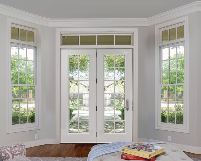 Low-e 96" Full Lite, 12 Lite SDL Fiberglass Center Hinged Double Door, Impact Rated