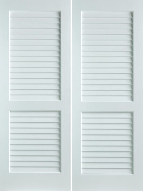 96" Primed Wood Plantation Louver over Louver Double Door