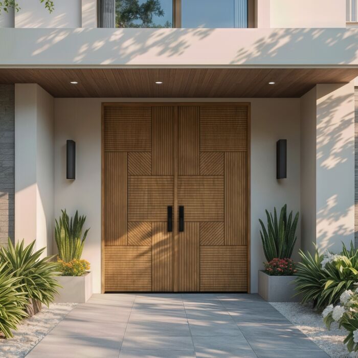 Interra | 96" Prehung | Mahogany Wood Flush Panel 1-3/4" Exterior Double Door