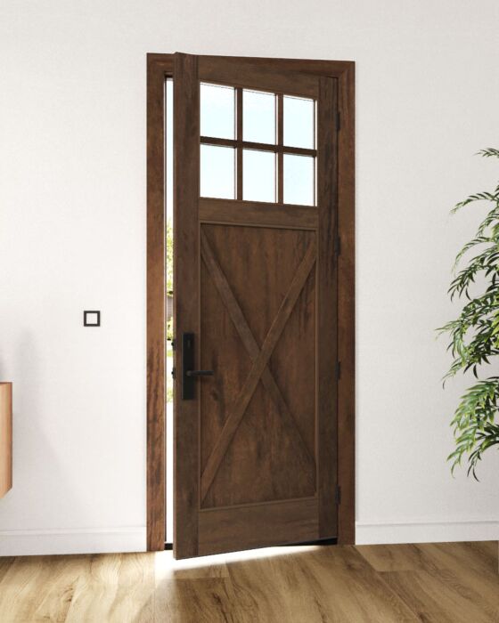 Mahogany Craftsman 6 Lite, Top View SDL Crossbuck Panel Shaker Single Door|CRF-CPG6-SH