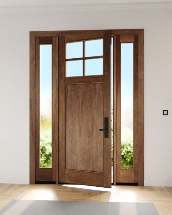 Mahogany Craftsman 4 Lite, Top View SDL 1 Panel Shaker Single Door, Sidelites|CRF-P1G4-SH