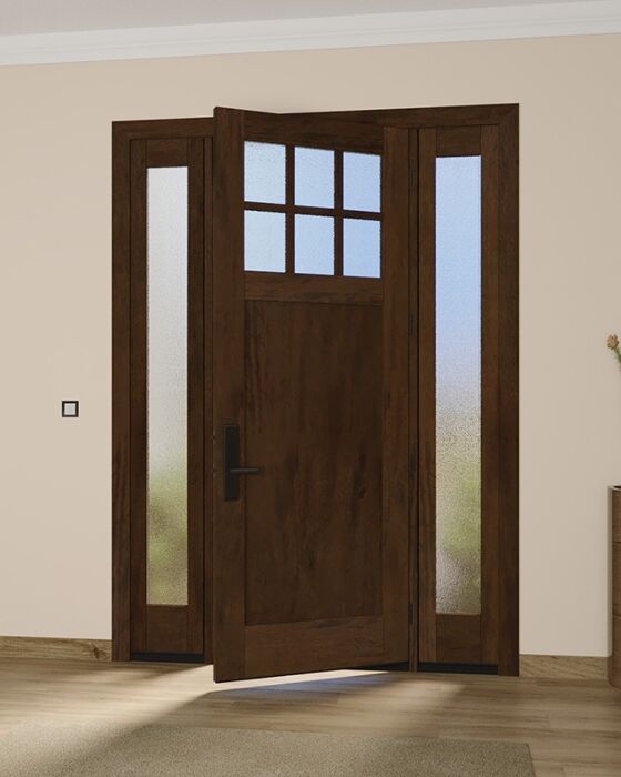 Mahogany Craftsman 6 Lite, Top View SDL 1 Panel Shaker Single Door, Sidelites|CRF-P1G6-SH