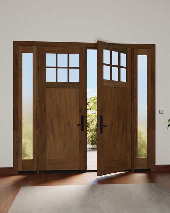 Mahogany Craftsman 6 Lite, Top View SDL 1 Panel Shaker Double Door, Sidelites|CRF-P1G6-SH