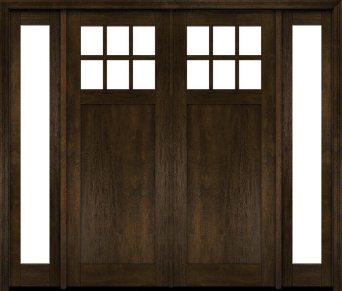 Mahogany Craftsman 6 Lite, Top View SDL 1 Panel Shaker Double Door, Sidelites|CRF-P1G6-SH