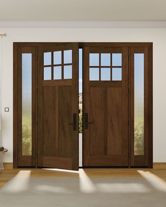 Mahogany Craftsman 6 Lite, Top View SDL 2 Panel Shaker Double Door, Sidelites|CRF-P2G6-SH