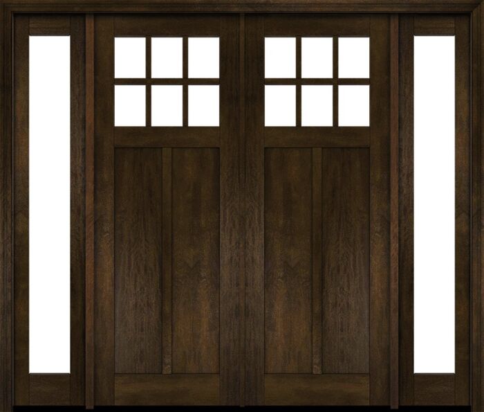Mahogany Craftsman 6 Lite, Top View SDL 2 Panel Shaker Double Door, Sidelites|CRF-P2G6-SH