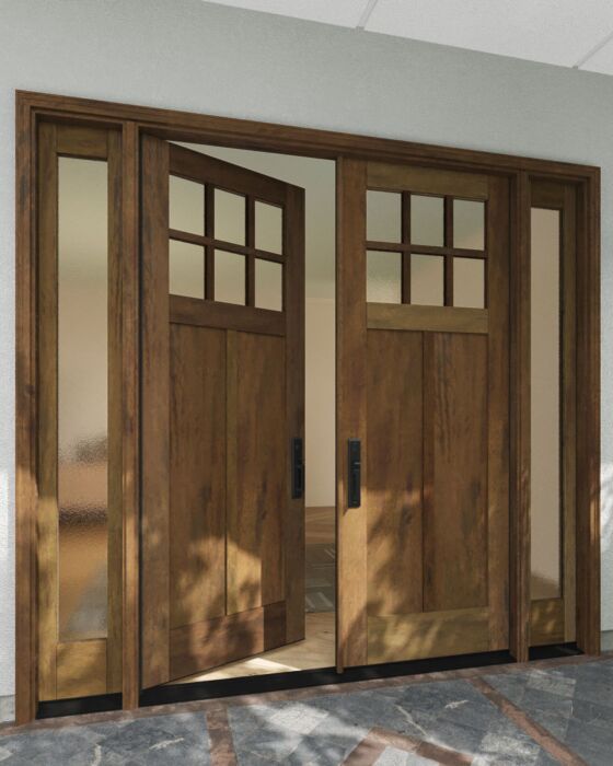 Mahogany Craftsman 6 Lite, Top View SDL 2 Panel Shaker Double Door, Sidelites|CRF-P2G6-SH