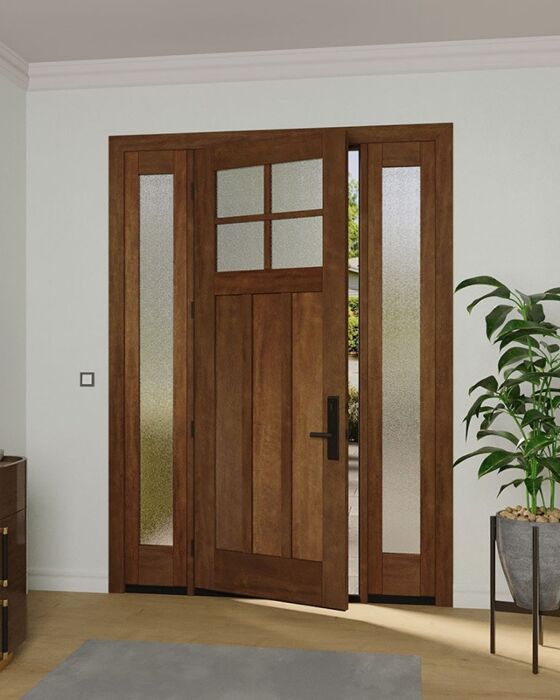 Mahogany Craftsman 4 Lite, Top View SDL 3 Panel Shaker Single Door, Sidelites|CRF-P3G4-SH