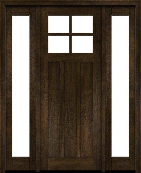 Mahogany Craftsman 4 Lite, Top View SDL 3 Panel Shaker Single Door, Sidelites|CRF-P3G4-SH