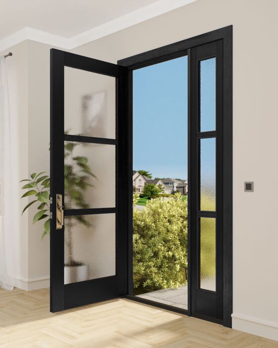 Mahogany Windermere Full Lite, 3 Lite SDL Contemporary Modern Shaker Single Door, Sidelite|G301-W-SH