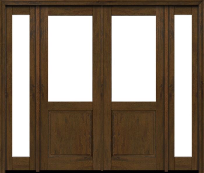 Mahogany 1/2 Lite 1 Panel Modern Farmhouse Shaker Double Door, Sidelites|G5001-SH