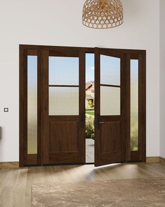 Mahogany 1/2 Lite, 2 Lite SDL 1 Panel Modern Farmhouse Shaker Double Door, Sidelites|G5002-SH