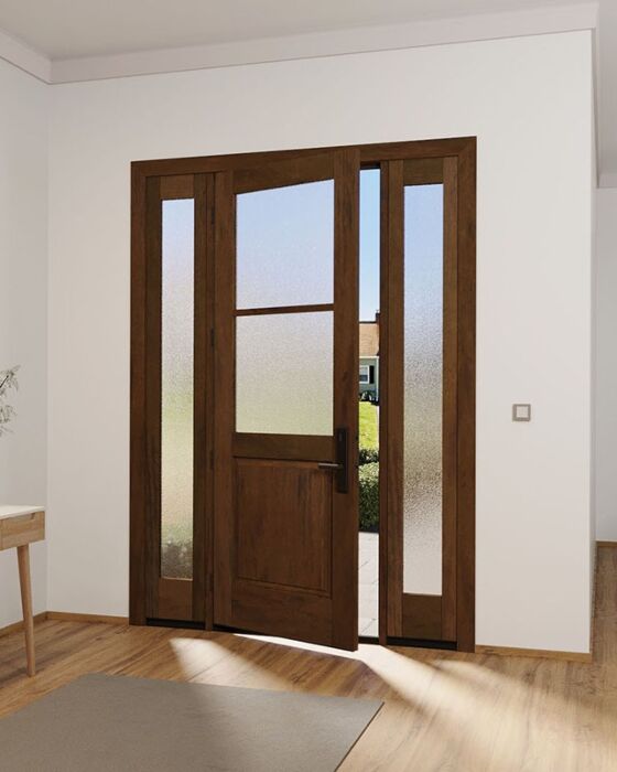Mahogany 1/2 Lite, 2 Lite SDL 1 Panel Modern Farmhouse Shaker Single Door, Sidelites|G5002-SH
