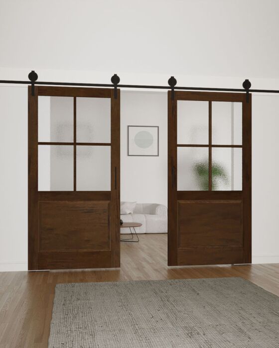 Mahogany 1/2 Lite, 4 Lite SDL 1 Raised Panel Shaker Double Barn Door|G5004-BARN-RP