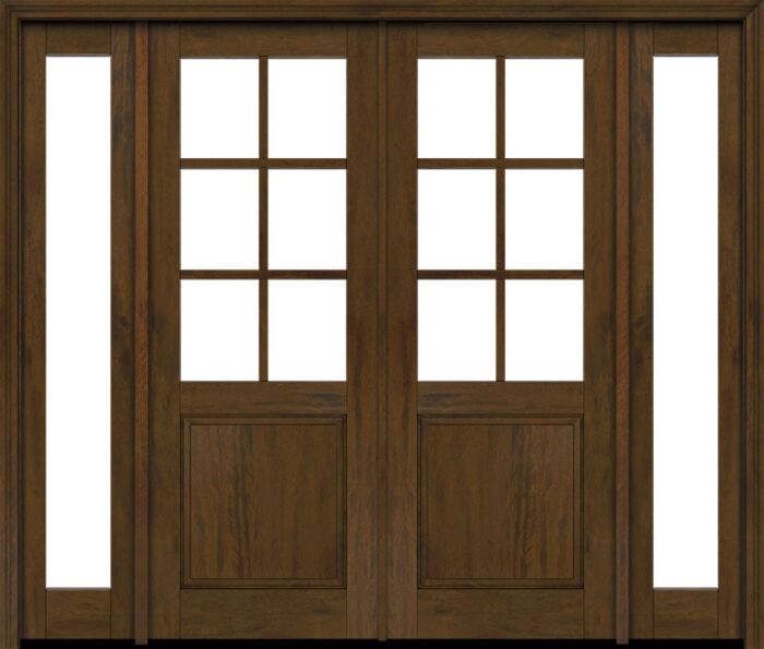 Mahogany 1/2 Lite, 6 Lite SDL 1 Panel Modern Farmhouse Shaker Double Door, Sidelites|G5006-SH