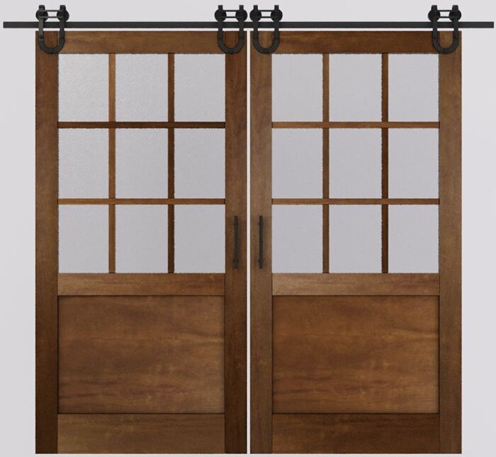 Mahogany 1/2 Lite, 9 Lite SDL 1 Panel Shaker Double Barn Door|G5009-BARN