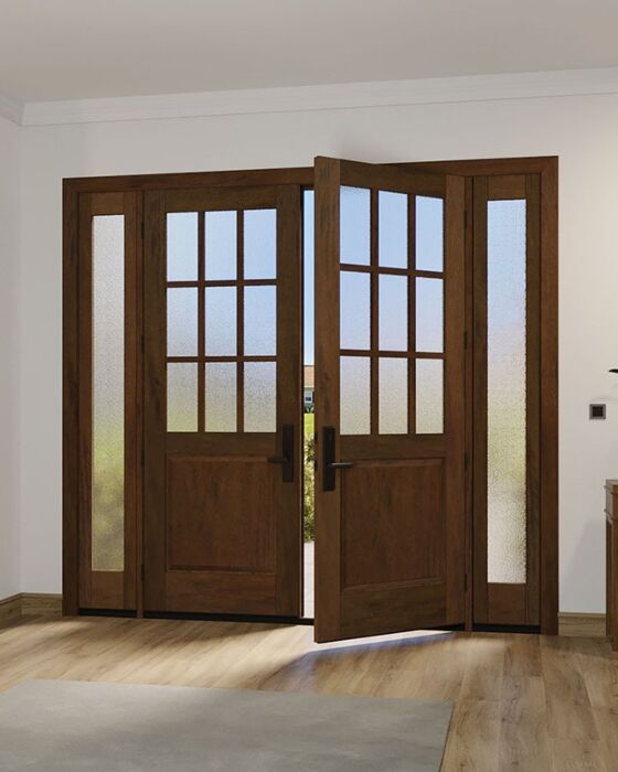 Mahogany 1/2 Lite, 9 Lite SDL 1 Panel Modern Farmhouse Shaker Double Door, Sidelites|G5009-SH