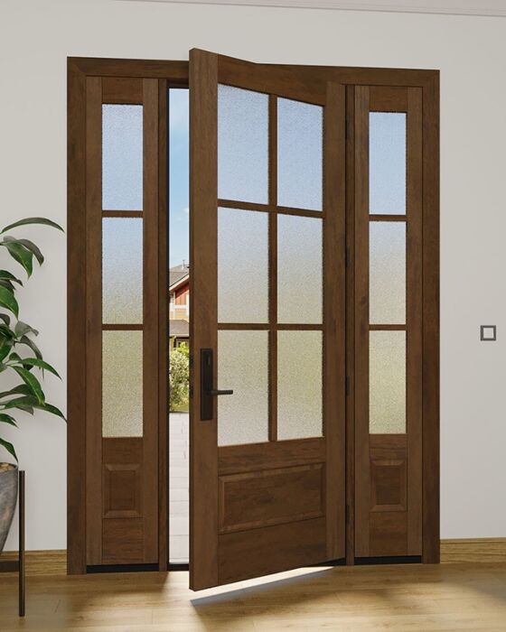 Mahogany 3/4 Lite, 6 Lite SDL 1 Panel Modern Farmhouse Shaker Single Door, Sidelites|G7506-SH