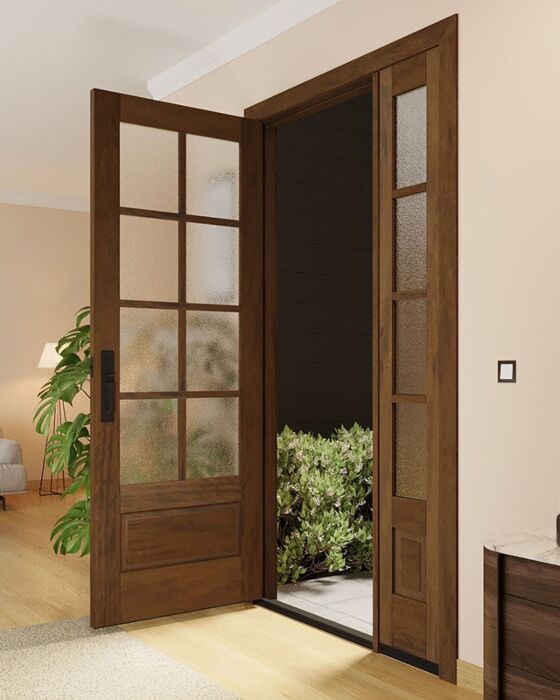 Mahogany 3/4 Lite, 8 Lite SDL 1 Panel Modern Farmhouse Shaker Single Door, Sidelite|G7508-SH