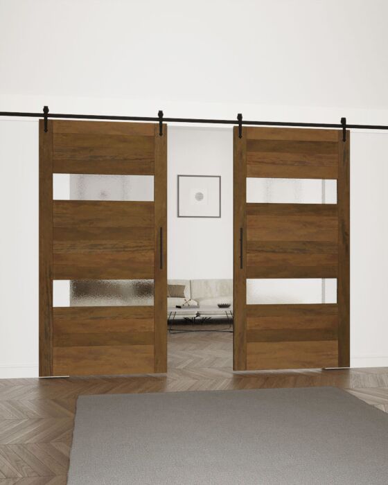 Mahogany 2 Lite Designer SDL Contemporary Modern Shaker Double Barn Door|MR5G10-202-BARN