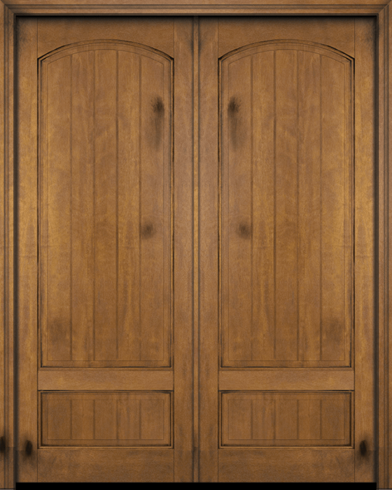 Mahogany Arch Panel, 2 Panel V-Grooved Rustic Solid Double Door|P7501-V-AR-OG-RST