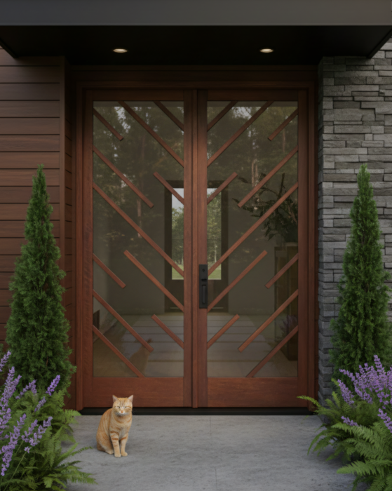 Mahogany Imber Full Lite, Artistic Lite SDL Contemporary Modern Narrow Profile Shaker Double Door