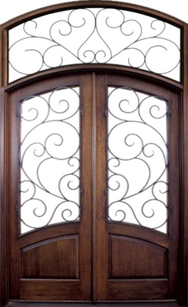 96" Mahogany Aberdeen Double Door Arch & Transom w Burlwood Iron
