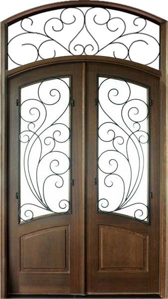 96" Mahogany Aberdeen Double Door Arch & Transom w Redwood Iron