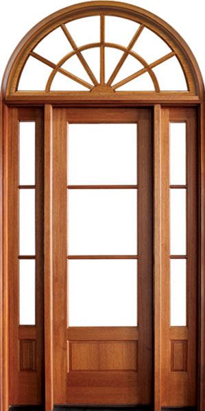 96" Mahogany Alexandria TDL 3 Lite Single Door/2Sidelite & Round Transom