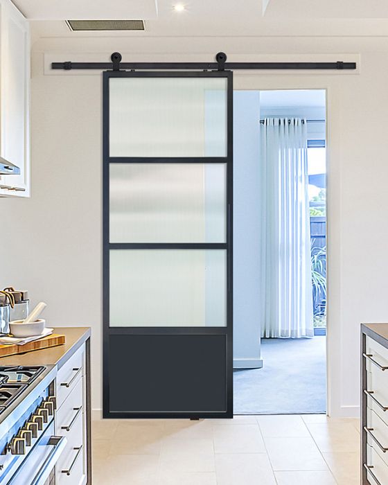 3 Lite 1 Panel Contemporary Metal Single Barn Door