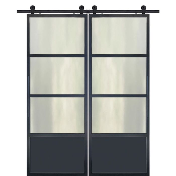 3 Lite 1 Panel Contemporary Metal Double Barn Door