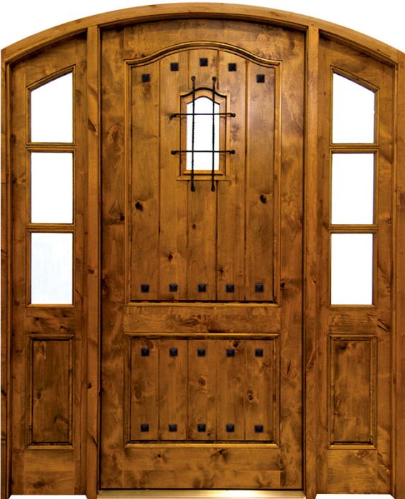 96" Knotty Alder Kenmure Solid Panel Single Door/2Sidelite Arch Top w Speakeasy, 2-1/4" Thick