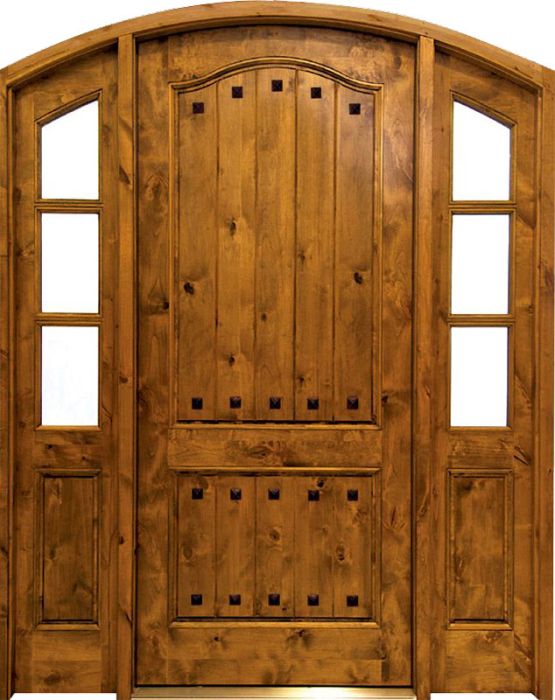 96" Knotty Alder Kenmure Solid Panel Single Door/2Sidelite Arch Top, 2-1/4" Thick