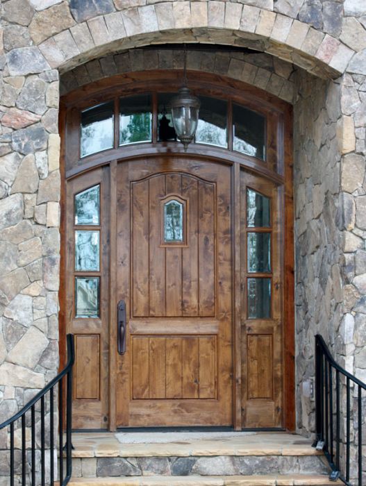 96" Knotty Alder Kenmure Solid Panel Single Door/2Sidelite Arch Top & Arch Transom w Speakeasy, 2-1/4" Thick