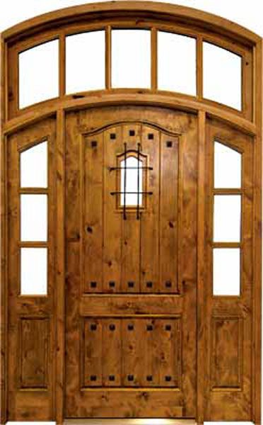 96" Knotty Alder Kenmure Solid Panel Single Door/2Sidelite Arch Top & Arch Transom w Speakeasy, 2-1/4" Thick