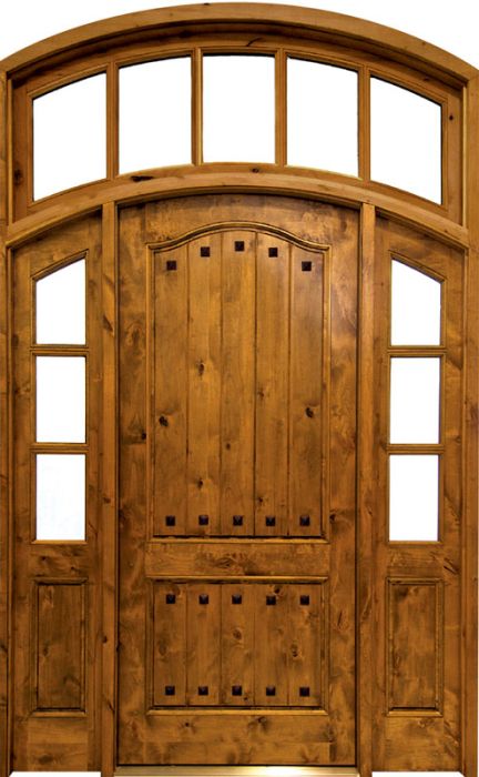 96" Knotty Alder Kenmure Solid Panel Single Door/2Sidelite Arch Top & Arch Transom, 2-1/4" Thick