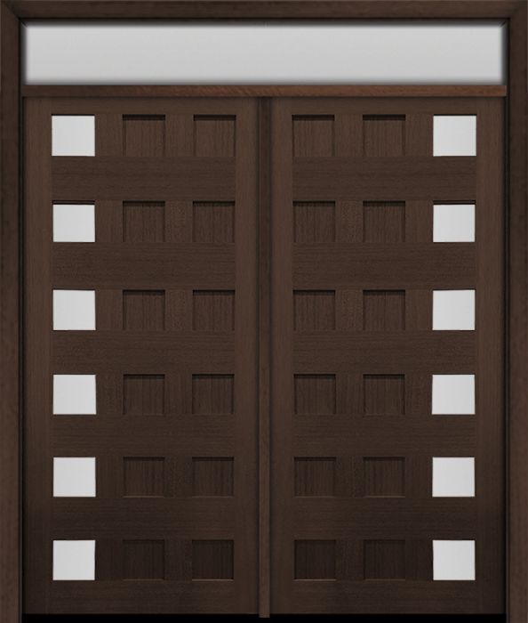 80" Mahogany Carlo Square 6 Lite TDL Contemporary Modern Double Door & Rec Transom