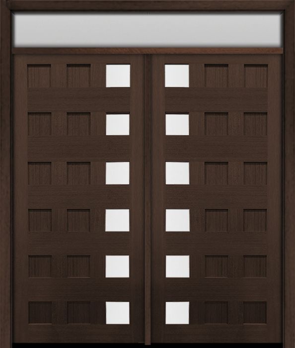 80" Mahogany Carlo Square 6 Lite TDL Contemporary Modern Double Door & Rec Transom